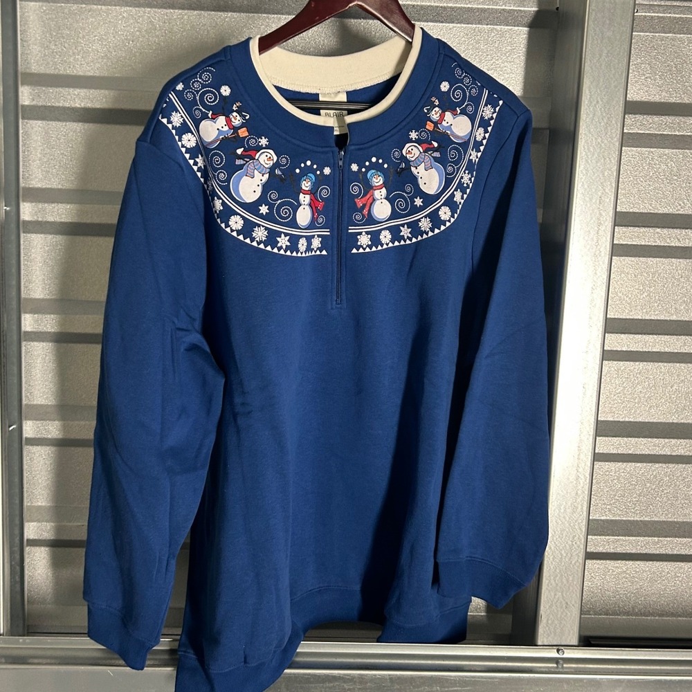 Blair Snowman Quarter Zip Sweatshirt Womens 3XL Blue Holiday Winter Grandmacore